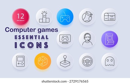 Computer games set icon. Joystick, console, headset, dice, ghost, steering wheel, arcade, retro handheld, trophy podium illustrated in outlined gaming style.