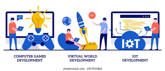 Computer Games, Virtual World And IoT Development Concept With Tiny People. Programming Team Abstract Vector Illustration Set. VR Graphic Design, Testing And Deployment, Internet Of Things Metaphor.