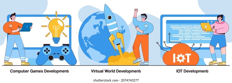 Computer games, virtual world and IoT development concept with tiny people. Programming team abstract vector illustration set. VR graphic design, testing and deployment, Internet of things metaphor.