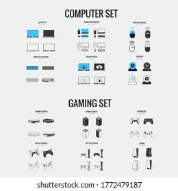 computer and gaming accessories vector icon desktop laptop mouse keyboard controller console gaming icon
