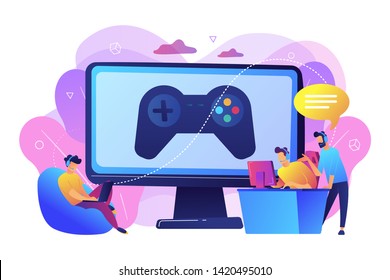 Computer gaming industry, cybersport training. Esports coaching, lessons with pro gamers, esports coaching platform, play like a pro concept. Bright vibrant violet vector isolated illustration