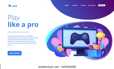 Computer gaming industry, cybersport training. Esports coaching, lessons with pro gamers, esports coaching platform, play like a pro concept. Website homepage landing web page template.