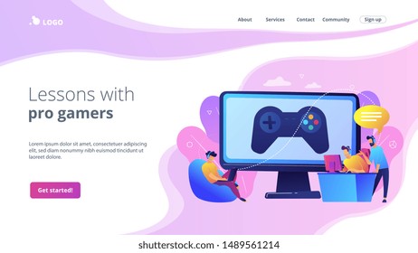 Computer gaming industry, cybersport training. Esports coaching, lessons with pro gamers, esports coaching platform, play like a pro concept. Website homepage landing web page template.