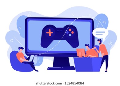 Computer gaming industry, cybersport training. Esports coaching, lessons with pro gamers, esports coaching platform, play like a pro concept. Pinkish coral bluevector isolated illustration