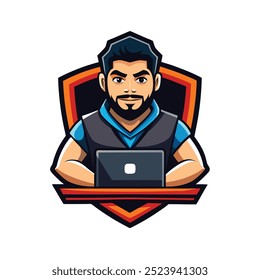 Computer gaming mascot logo with man using laptop icon vector design