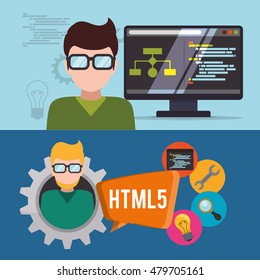 computer gear man boy glasses developer web responsive development website programming icon set. Colorful design. Vector illustration