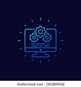 computer and gears icon, settings and configuration linear vector