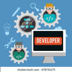 computer gears man boy glasses developer web responsive development website programming icon set. Colorful design. Vector illustration