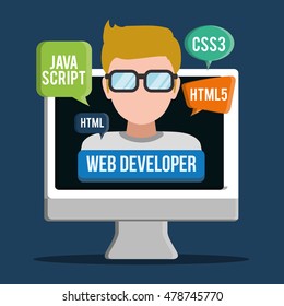 computer gears man boy glasses developer web responsive development website programming icon set. Colorful design. Vector illustration