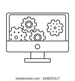 Computer with gears on screen black and white