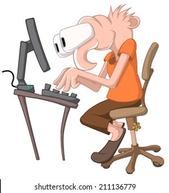 Computer geek cartoon, vector, horizontal, over white,  isolated 