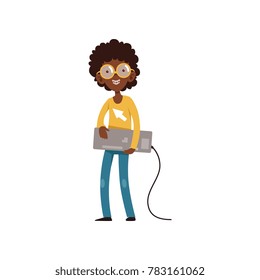 Computer geek character with keyboard in hands. Cartoon black boy with smiling face expression. Kid in sweater, jeans, glasses and braces on teeth. Flat vector design