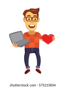 Computer Geek Holding Laptop and Heart