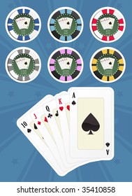 Computer generated illustration: set of poker cards and chips