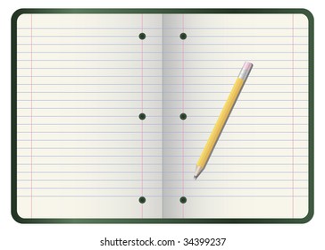 Computer generated illustration: yellow pencil on a notebook