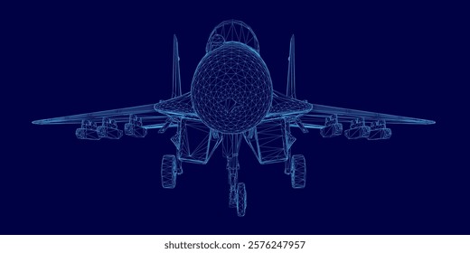 Computer generated image of a jet plane is displayed on a blue background. The image is not a photograph, but rather a digital rendering of the plane. The plane is depicted in a stylized