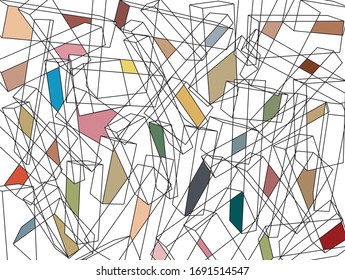 Computer generated, random placed and rotated prisms overlapping, creating intertwined, augmenting, 3D like geometrical pattern