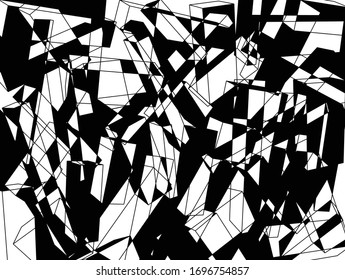 Computer generated, random placed and rotated prisms overlapping, creating intertwined, augmenting, 3D like geometrical, monochrome pattern