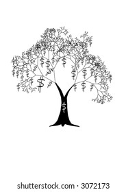 Computer generated vector graphics illustration. Hanging dollar symbols on the tree.