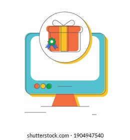 Computer with gift icon on the screen. Computer and gift icon. Shopping online e-commerce media and market. Trendy vector illustration