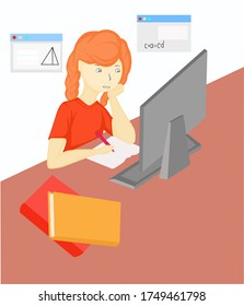 computer girl studying online education at home cartoon Vector illustration Internet e-learning concept of school lesson Students learning process