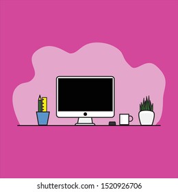 Computer. Glass. Mouse. Vase flower