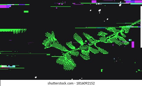 Computer glitch and flower in dither style, dark neon green and purple color, tropical and vintage technology concept illustration design