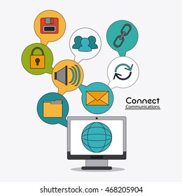 computer global connect communications social network icon set. colorful illustration