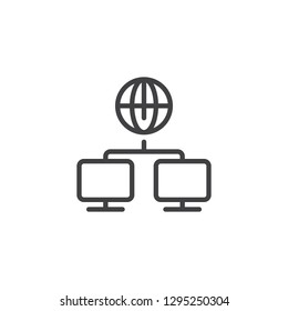 Computer global connection line icon. linear style sign for mobile concept and web design. World globe with monitor outline vector icon. SEO symbol, logo illustration. Pixel perfect vector graphics