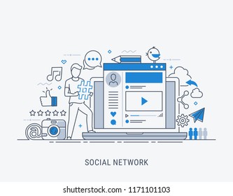 Computer, global networks and social media concept. Flat modern line-art vector illustration.