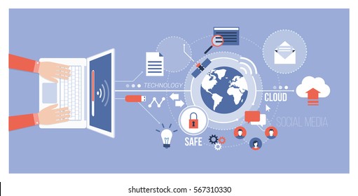 Computadora, redes globales y concepto de medios sociales: usuario que se conecta a Internet utilizando un portátil e intercambiando datos en línea