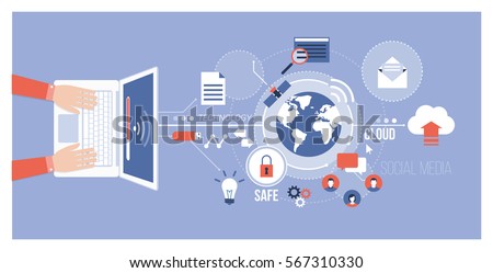 Computer, global networks and social media concept: user connecting to the internet using a laptop and exchanging data online