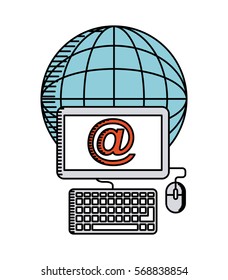 computer with global sphere icon over white background. colorful design. vector illustration