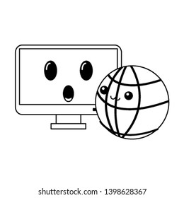 Computer and global sphere kawaii cartoon in black and white