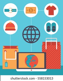 Computer with globe on it gets connected to the internet to buy some clothes