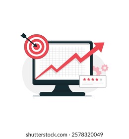 Computer with Goal Arrow and Rating Star Vector Illustration. Reputation Marketing Concept Design