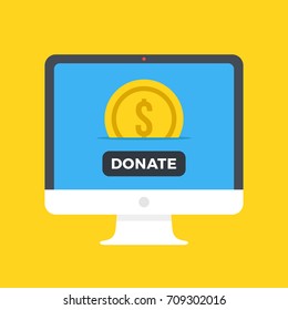 Computer with gold coin and donate button on screen. Make donation. Charity, fund raising, fundraising, donation concepts. Front view. Modern flat design vector illustration