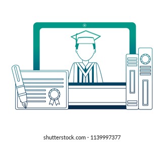 computer graduate man books certificate and pen