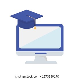 computer graduation hat school learning online vector illustration