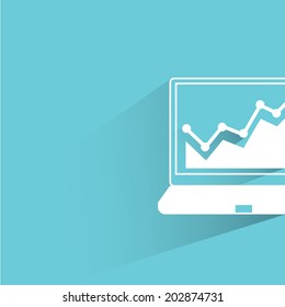 computer with graph, blue shadow and flat theme