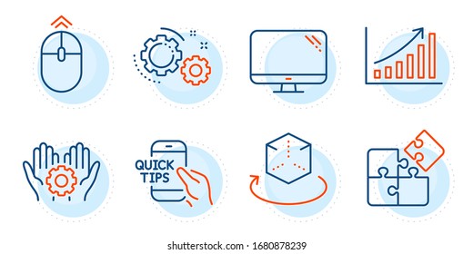 Computer, Graph chart and Gears signs. Puzzle, Augmented reality and Education line icons set. Employee hand, Swipe up symbols. Engineering strategy, Virtual reality. Science set. Vector