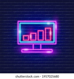 Computer with graph neon icon. Vector illustration for design website, advertising, promotion, banner. Business concept.