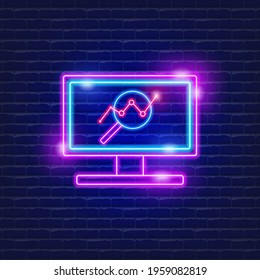 Computer with graph neon icon. Vector illustration for design website, advertising, promotion, banner. Business and statistics concept.
