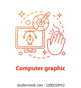 Computer graphic concept icon. Art and design idea thin line illustration. Pen tool and color palette. Vector isolated outline drawing