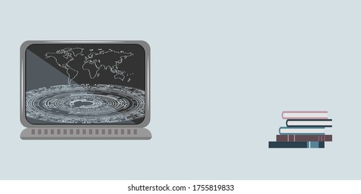 Computer with a graphic element on the screen, books - light gray background - vector. Banner. Back to school.