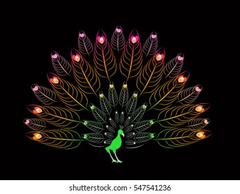 Computer graphic tropical bird with design elements. Vector illustration of beautiful peacock  for your design.  