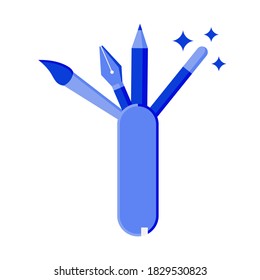 Computer graphics artist tools like pencil, brush, dropper, paintbrush, pen tool, magic wand inside multi-tool or swiss army knife. Computer graphics artist job concept. Vector illustration