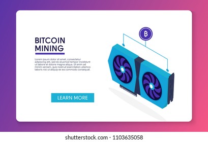 computer graphics card in isometric, extraction of bitcoins concept background