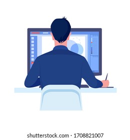 Computer graphics designer work on desk in office concept. Vector