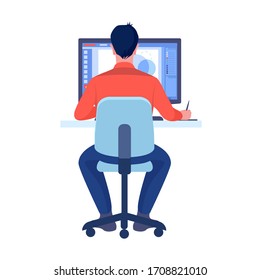 Computer graphics designer work on desk in office concept. Vector